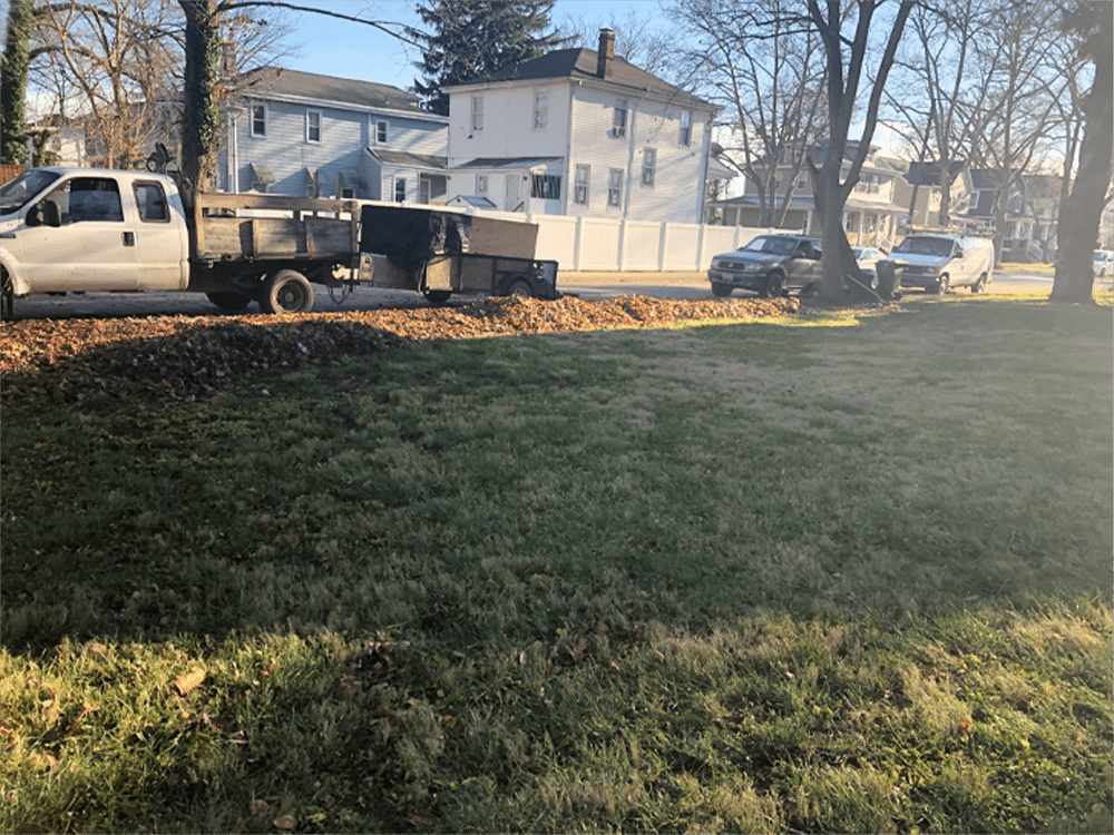 Landscaping truck parked beside a residential lawn